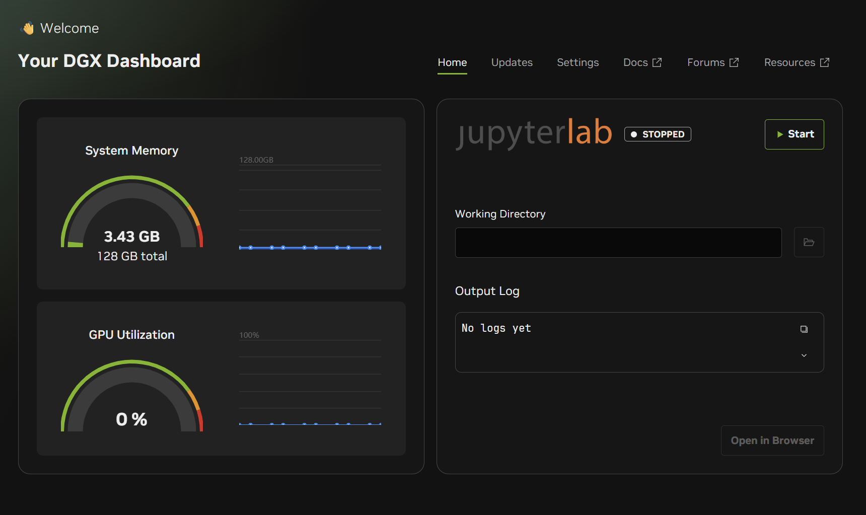 DGX Dashboard のトップ画面。System Memory 3.43GB / 128GB、GPU 使用率 0%、JupyterLab は STOPPED 状態