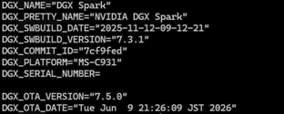 /etc/dgx-release の出力。DGX OS が SWBUILD 7.3.1 から OTA で 7.5.0 に更新され、プラットフォームは MS-C931