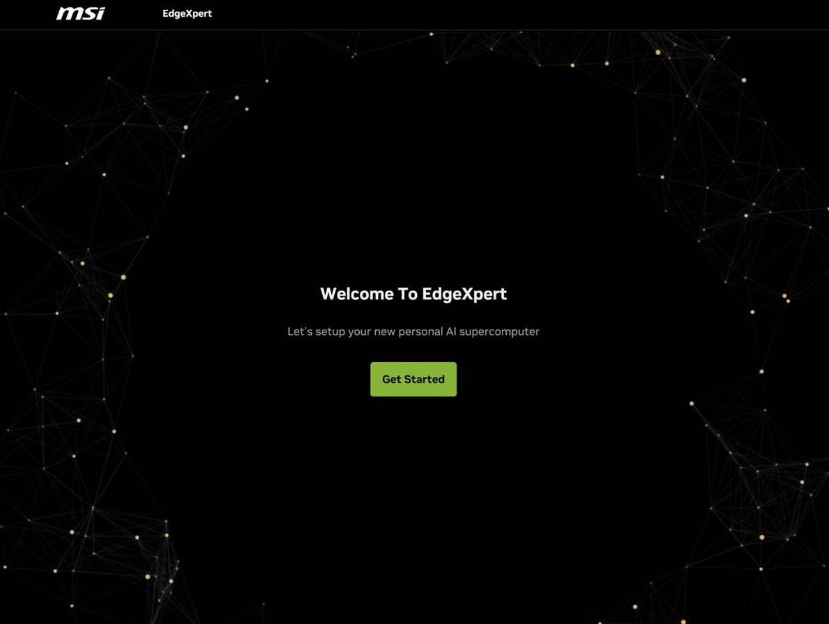 MSI EdgeXpert 初回ウィザードの Welcome 画面。Get Started ボタンが表示されている